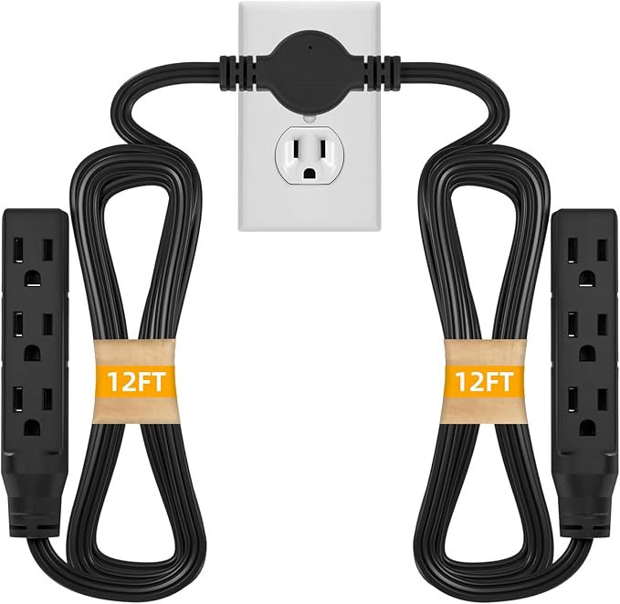 STARELO Twin Extension Cord With 6 3-Prong Receptacles, 24FT Flat Plug (12FT Each Side) for Behind Beds, Sofas, Dressers, Furniture (Black)