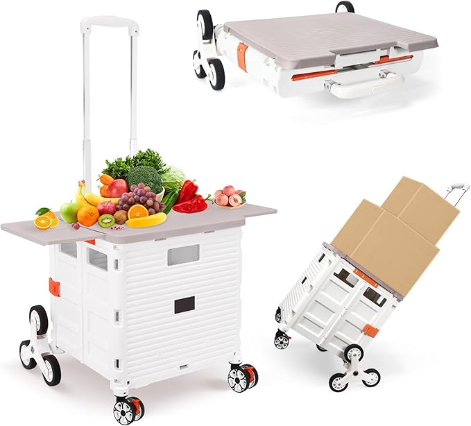 Foldable Utility Cart with Stair Climbing Wheels,Collapsible Rolling Crate with Magnetic Lid Telescopic Cover,Telescoping Handle,360° Rotate Wheel Hand Cart for Teacher Shopping Moving(Milky White)