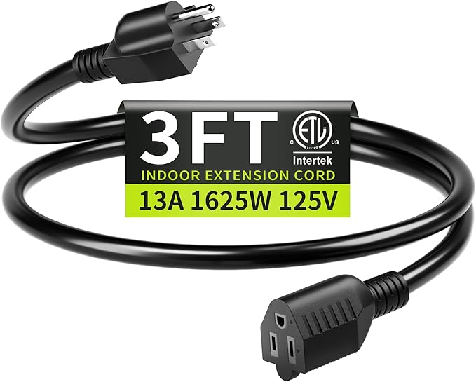 16/3 3FT 13A 125V 1625W, Black Indoor Extension Cord, Short Extension Cord for Laptops, Coffee Makers, Office Home Appliances, 3 Prong Small Resistant Cable Flexible, ETL Listed