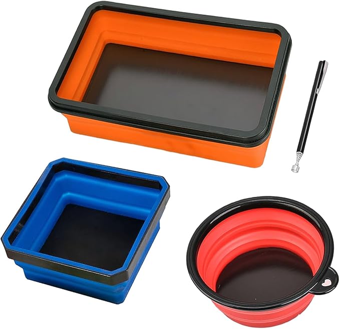Collapsible Magnetic Parts Tray Set & Flexible Magnetic Pickup Tool, 3 Different Size Magnetic Screw Holder & Pick-Up Sweeper for Screw, Bolts, Nuts, and Other Metal Parts