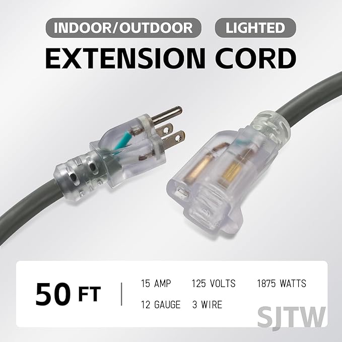 EP 50 Ft Lighted Outdoor Extension Cord - 12/3 SJTW Heavy Duty Grey Extension Cable with 3 Prong Grounded Plug - Power Cord for Lawn, Garden, Appliances
