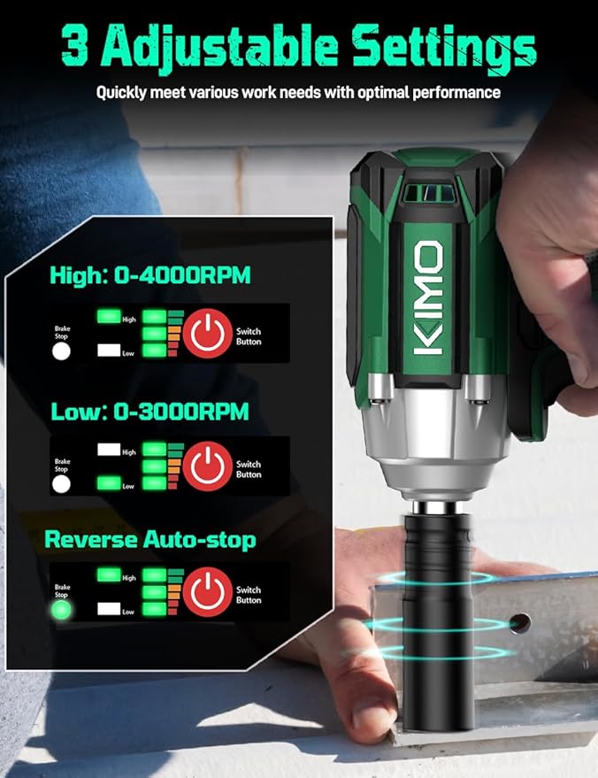 KIMO Impact Wrench 1/2 Cordless, 1200N.m (406ft-lbs), 4000RPM, 9-Piece Drill & Driver Set, 4Sockets Impact Drill for Car Tires, Safety Lock, 2x4000mAh Battery, Variable Modes Power Smart Impact Wrench