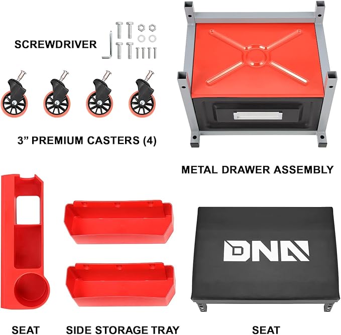 DNA Motoring TOOLS-00198 Adjustable Height Mechanics Roller Seat Creeper Stool With Padded Cushion, Tool Storage Drawer & Tray, 350 Lbs Max Weight Capacity