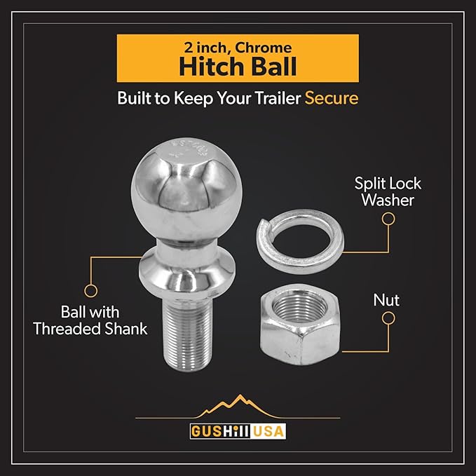GusHill USA GH40004 Chrome Trailer Hitch Ball, 6,000 lbs, 2-Inch Diameter, 1 x 2 -Inch Shank