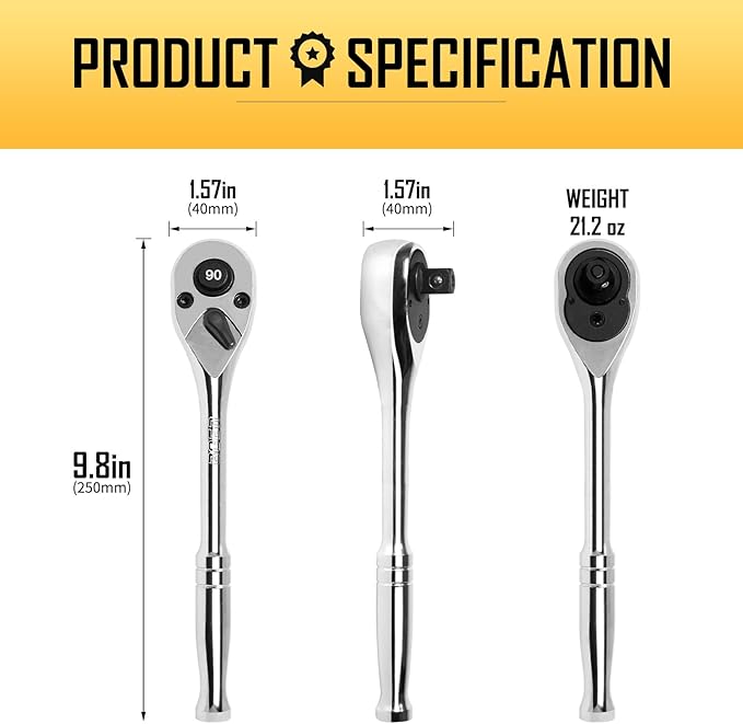 boen 1/2-Inch Drive Ratchet, 90-Tooth Quick-Release Ratchet Wrench, 4-Degree Swing, Reversible, Chrome Alloy Made, Full Polished