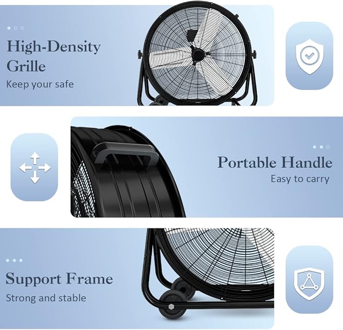 LifePlus 24 Inch Industrial Drum Fan High Velocity Floor Shop Fan 3 Speed, Heavy Duty Metal Air Circulator with Adjustable Tilt & Large Wheel for Warehouse, Garage, Factory, Patio, Barn, Black