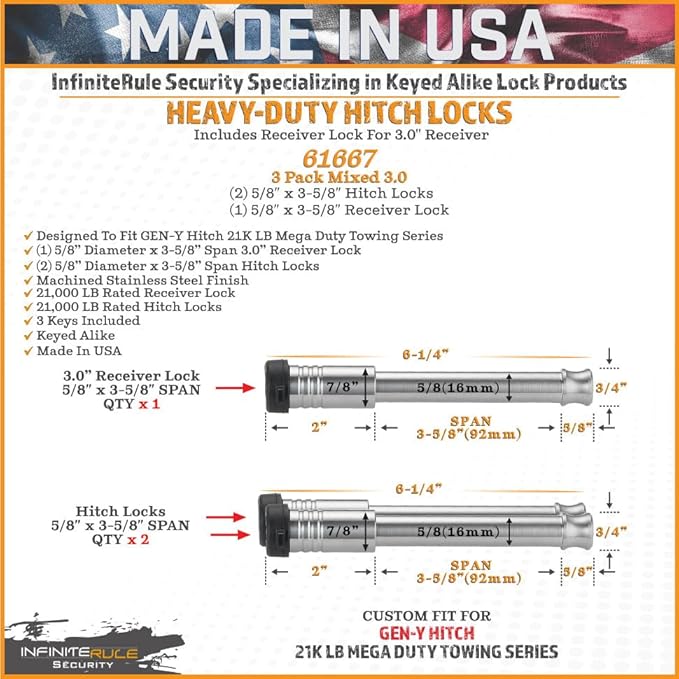 61667 | 3 Pack Mixed 3.0, Keyed Alike, Hitch Locks for Gen-Y Hitch Mega Duty 21K LB Series - Includes Lock for 3.0" Receiver
