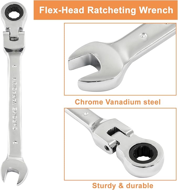 Piutouyar 9mm Flex-Head Ratcheting Wrench, Professional Metric Ratchet Wrench Combination Wrench Box Ended Spanner Tool for Projects Repair(5° Movement and 72 Teeth 12 Point, CR-V)