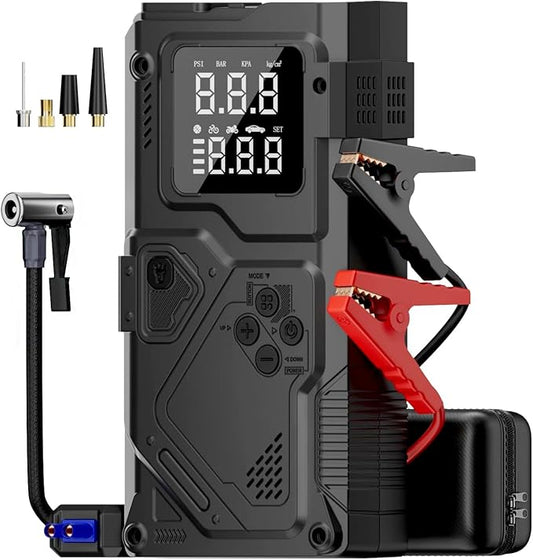 3000A Jump Starter with Built-in Cable,Car Battery Jumper Starter Portable,with 150PSI Tire Inflator Air Pump Auto-Off,(All Gas/10.0L Diesel),12V Battery Booster Pack Up, with LCD Display, Lights