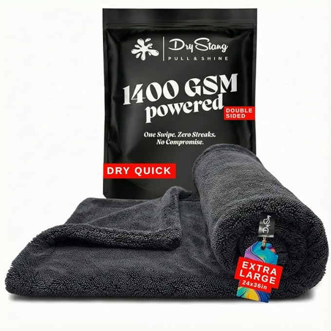 Premium DryStang Car Drying Towel, 1400 GSM Extra Large 24"x36" Double Sided Microfiber Drying Towel Car Truck, Durable XL, Ultra Absorbent Drying Towel, No Lint, No Scratch, No Water Spots, No Streak