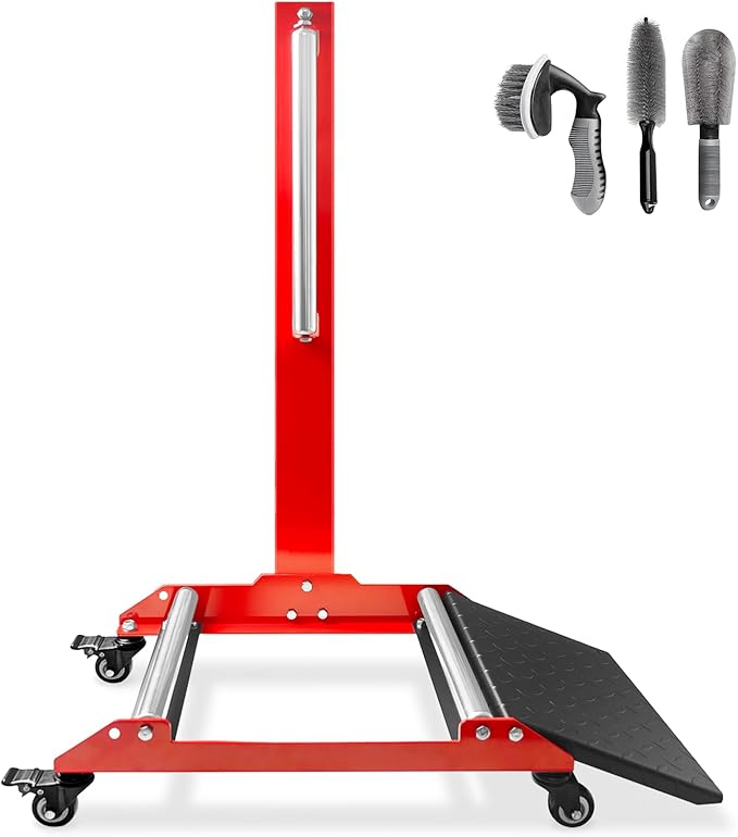 Upgraded Rolling Wheel Detailing Stand – Heavy-Duty Tire Cleaning and Polishing Roller with Wheels Handle Ramp and 3-Way Rotating Rollers for Ceramic Coating, Tire Shine, Car Wheel Wash