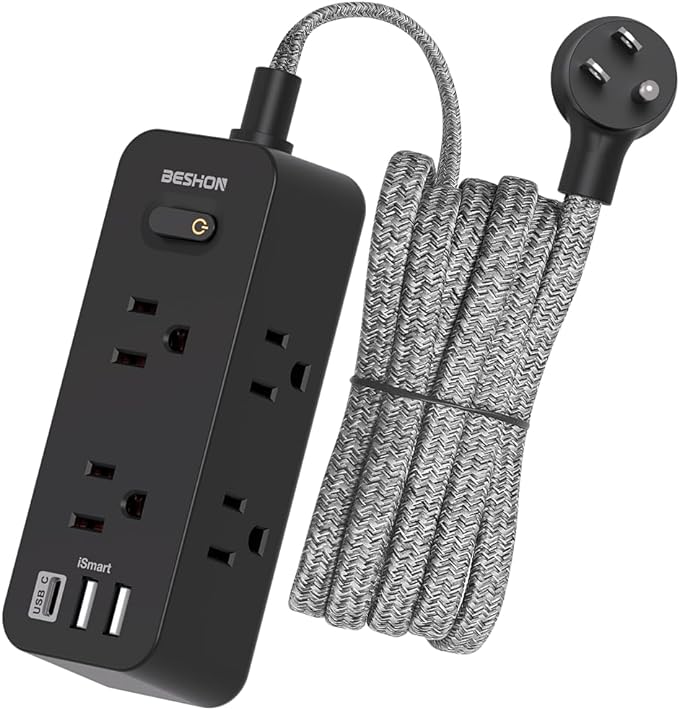 15Ft Black Extension Cord, BESHON Power Strip Surge Protector, 6 Outlets with 3 USB Ports(1 USB C Outlet), 3-Side Outlet Extender, Wall Mount, Compact for Home, College Dorm Room