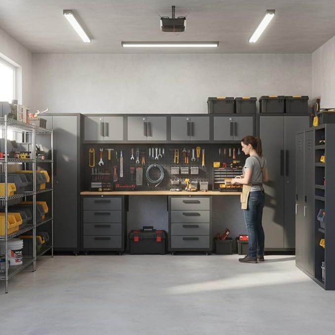 Garage Storage Cabinet System, 14PCS Workshop Set Garage Cabinets and Storage System with Steel Cabinet Drawers, Workbench, Pegboard for Tool Organization