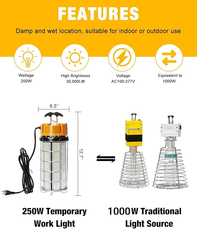 LED Temporary Work Light 250W, Construction Lights 5000K 30,000lm Outdoor Job Site Lighting 10ft Cord IP65 Dust Waterproof Hanging Lighting