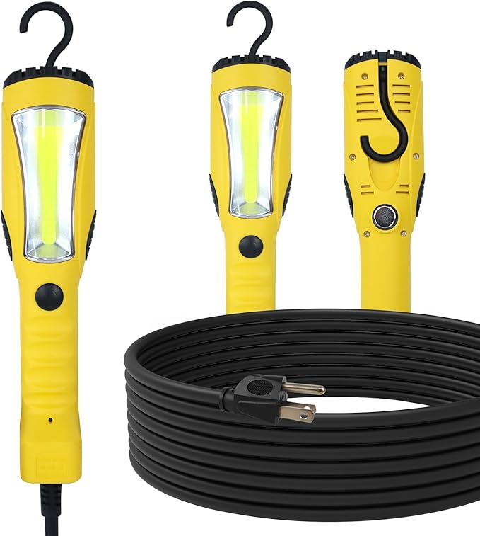 EP 25 Ft LED Work Light, 1200 Lumen COB LED Trouble Light - 16 Gauge SJTW Indoor Outdoor Extension Cord, Handheld, Magnetic Base, Rotatable Hanging Hook - Yellow