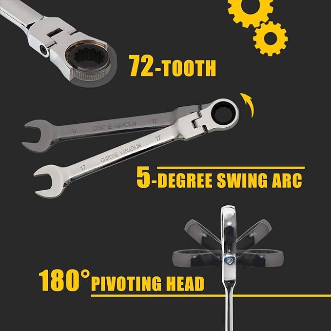 12-Piece 8-19mm Metric Flex-Head Ratcheting Wrench Set, Professional Chrome Vanadium Steel Ratchet Wrench, Combination Ended Span Kit with Portable Suspended Bag