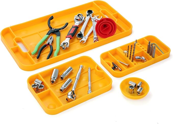 MOTORHEAD Super Grip Silicone Tool Tray Set (4-Piece: 23”, 16”, 12” & 4”) Magnetic, Non-Slip, Anti-Scratch,Withstands Temperatures Up to 248°F/120°C, Non-Conductive & Anti-Static, Orange (AT06006G)