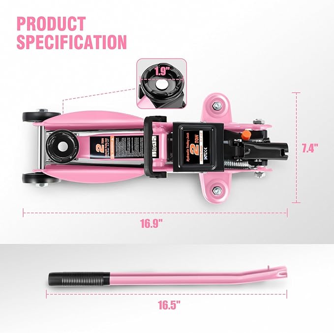PM PERFORMOTOR Low Profile Hydraulic Trolley Service/Floor Jack, 2 Ton (4000 lbs) Capacity, Lifting Range 5.1"-13",Pink,PM-TOL-FJ20-PK