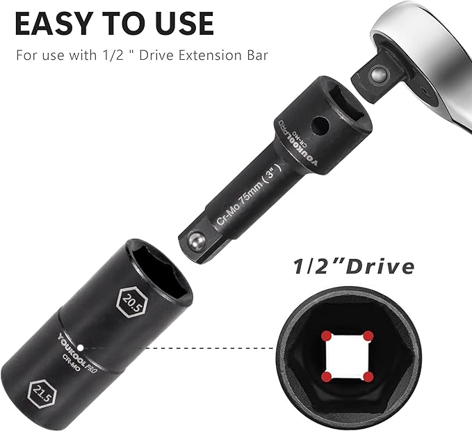 1/2-Inch Drive Double Ended Impact Socket, 6-Point,Half Size Lug Nut Socket,Thin Wall Wheel Protector, Made from Robust and Anti-Corrosive Steel (6-Size Set)