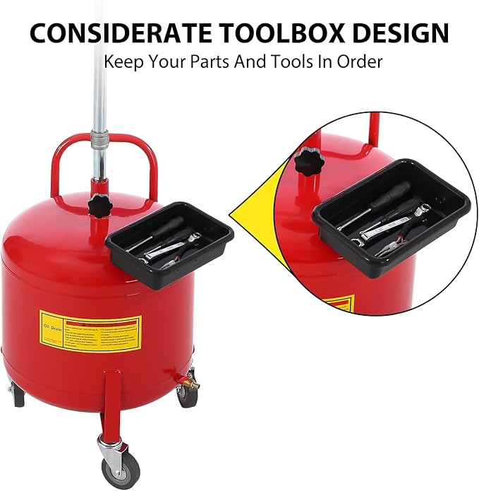 20 Gallon Oil Drain Tank, Fluid Fuel Transfer Tank, Portable Oil Drain Container, Air Operated Drainer with Wheels and a Toolbox, Adjustable Funnel Height (8 Gallon-Red)