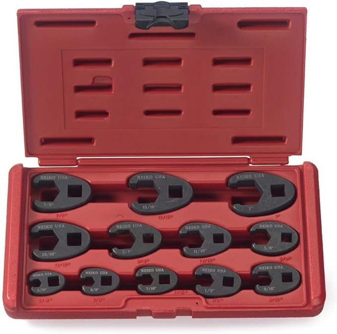 Neiko 03323A Crowfoot Wrench Set 1/2" and 3/8” Drive, 12 Piece, SAE Crows Foot Wrench Sizes 5/16” to 1”, Chrome-Moly Flare Nut Wrench Set