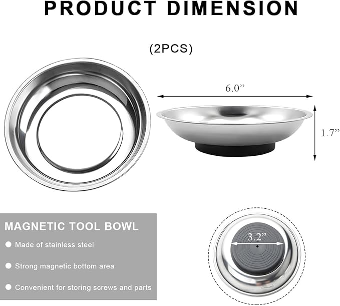 2 PCS Magnetic Parts Tray Set, Stainless Steel 6" Round Magnetic Trays, Mechanic Tool Tray Holder for Screw, Sockets, Bolts, Nuts, Small Metal Parts