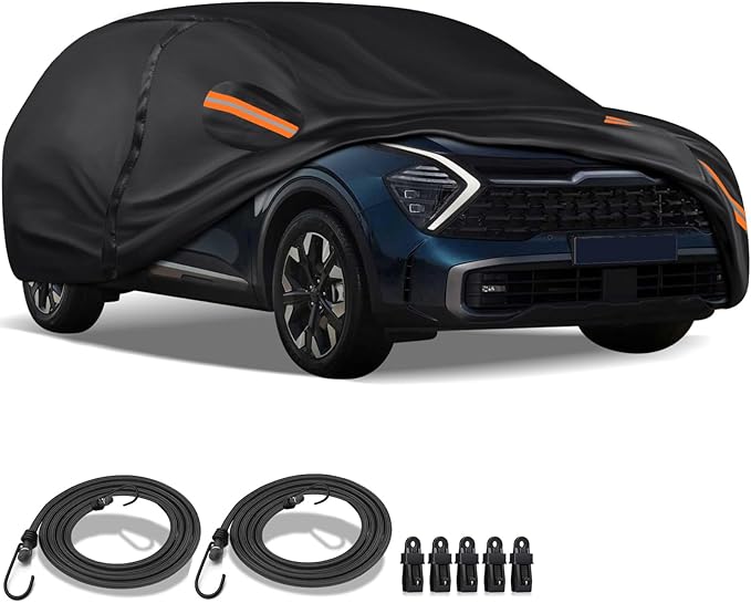16-Layer Special Full Car Cover Fit for Ki-a Sportage 1995-2024, Ultra Heavy 600D Oxford Cloth, All-Weather Protection Summer Sun Exposure and Winter Snow Rain Dust UV, Orange Reflective Strip