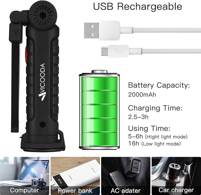 LED Rechargeable Work Light with Magnetic Base Hanging Hook, 360° Rotate 5 Modes, Mechanic Flashlight for Car Repair, Grill, Outdoor, Emergency, Tight Spaces - Tool Gifts for Men (4 Pack)