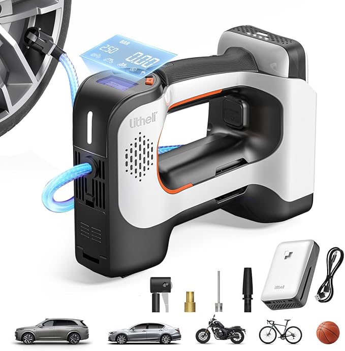 Litheli Cordless Air Compressor, 20V Portable Air Compressor, 3 Nozzle Adapters, 150 PSI, Tire Pump for Car, Bike, Sport Ball, Battery Tire Inflator, with 2.0 Ah U-Battery