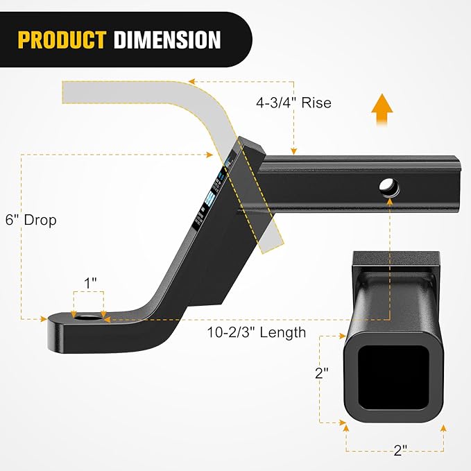 Nilight Trailer Hitch Ball Mount with 5/8" Hitch Pin Clip Fits 2 Inch Receiver Square 7500 lbs 6" Drop 4-3/4” Rise 1” Hole Gloss Black Powder Coat