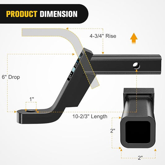 Nilight Trailer Hitch Ball Mount with 5/8" Hitch Pin Clip Fits 2 Inch Receiver Square 7500 lbs 6" Drop 4-3/4” Rise 1” Hole Gloss Black Powder Coat