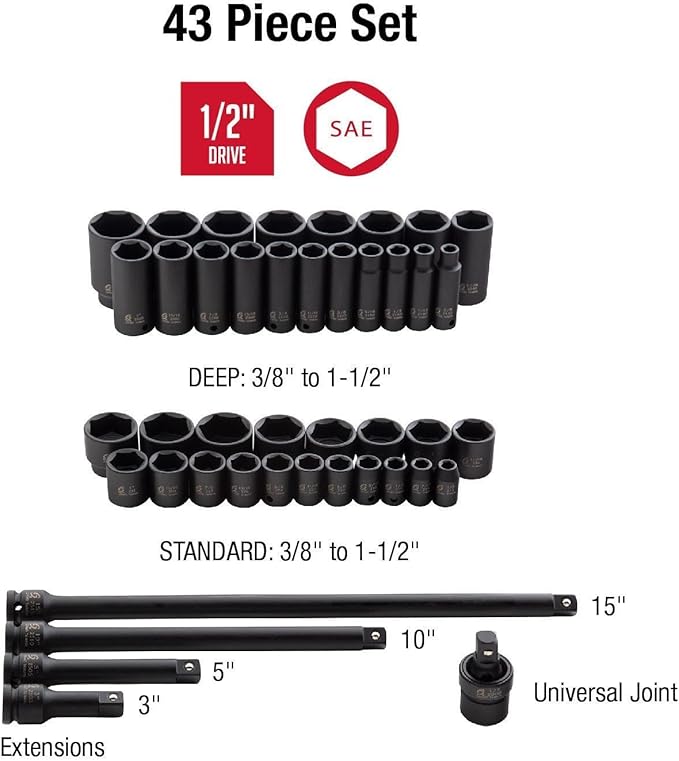 43PC 1/2" DR AE IMP SOCKET SET, Black