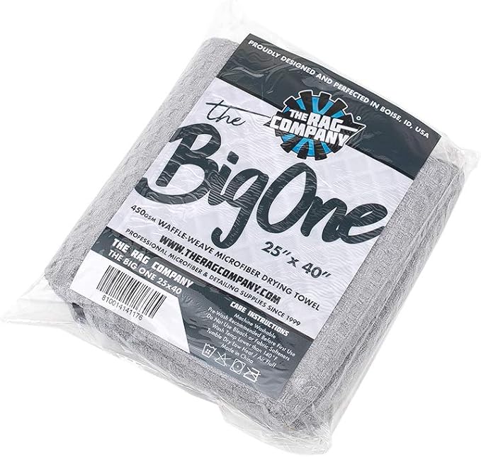 The Rag Company - The Big One - Waffle-Weave Microfiber Drying Towel; Super Absorbent for Car Washes, Detailing, and More; Buttersoft Suede Edges; Scratch-Free, 450GSM, 25in x 40in, Grey
