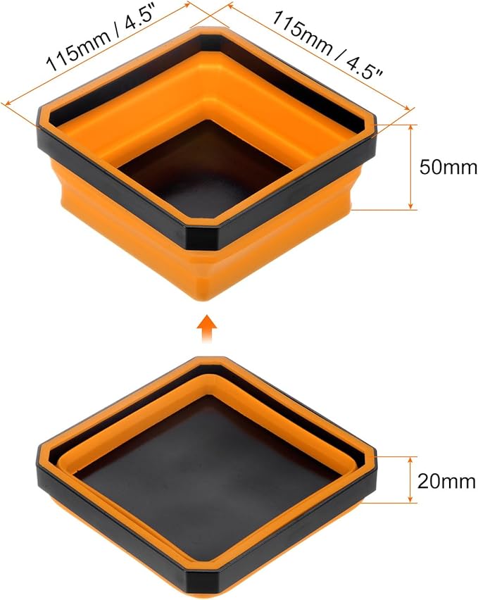 HARFINGTON 2Pcs Collapsible Magnetic Parts Tray Foldable Tool Trays Square Small Metal Parts Organiser for Fixing Screw Bolts Nuts Washers Pins, Orange