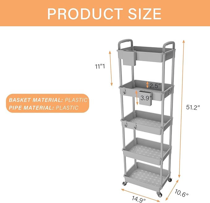 5 Tier Rolling Utility Cart with Handle,REBECAT Utility Cart Made of Multifunctional Storage Organizer Tool for Kitchen,Bathroom,Living Room,Office(Gray)