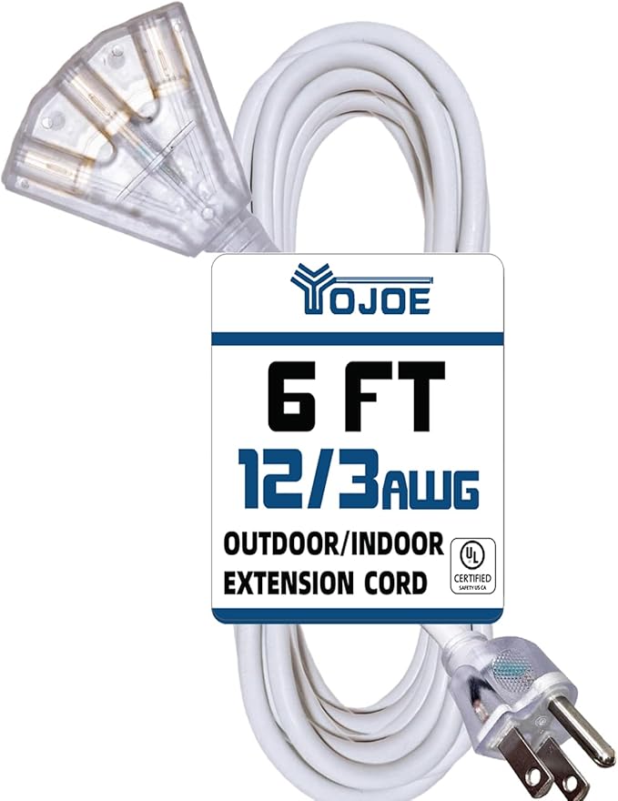 YOJOE 3-Outlets Indoor Outdoor Extension Cord with Lighted End, 3 Prong 15A Weatherproof Power Cord, 12 Gauge Heavy Duty 6 ft White Extension Cord Multiple Outlets, 12/3 SJTW UL Listed