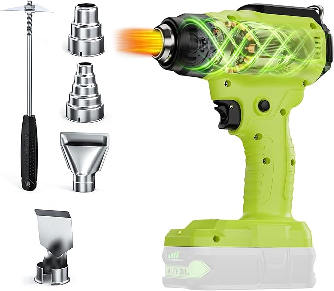 Compatible with Ryobi 18V Battery Cordless Heat Gun, 350W LED Light, Quick Heat Welded Heat Gun 122°F - 120°F Variable Temperature Control with 4 Nozzles and Scraper for Crafts(No Battery)