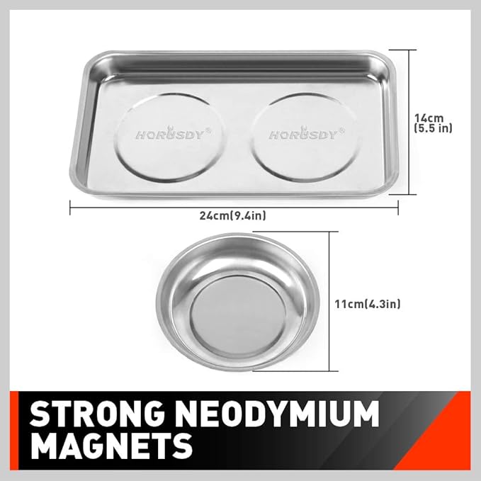 HORUSDY 4-Piece Large Magnetic Parts Tray Set, Stainless Steel Heavy Duty 9.5" W x 5.5''L Square and 4.5" Round Magnetic Trays Tools Parts Tray (Pack of 2)
