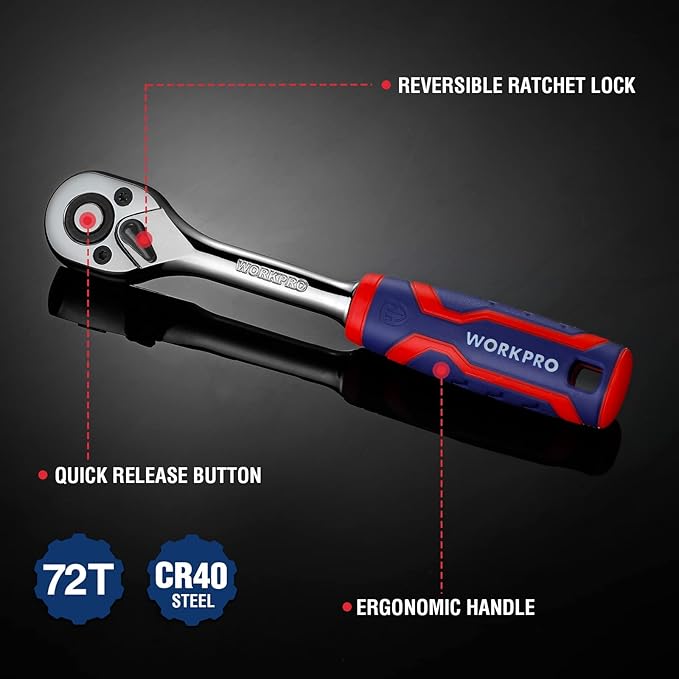 WORKPRO 3-Piece Ratchet Set, 1/4", 3/8", 1/2" Drive Ratchet Wrench, Quick-Release Reversible, 72-Tooth, Chrome Alloy Made