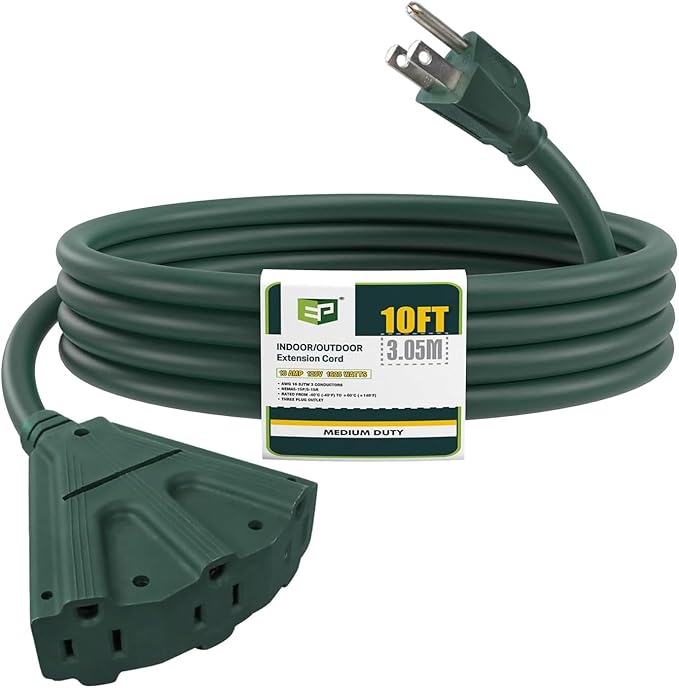 EP 10 Ft Outdoor Extension Cord with 3 Electrical Power Outlets - 16/3 SJTW Green Cable with 3 Prong Grounded Plug for Safety Great for Christmas Lights, Garden and Major Appliances