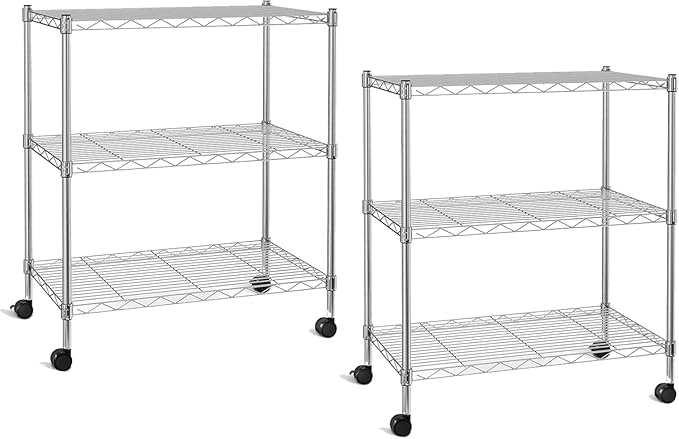 Simple Deluxe 3-Tier Heavy Duty Storage Shelves 750Lb Capacity, 24.02" D x 13.78" W x 29.92" H Adjustable Shelving Unit with Wheels, Chrome, 2 Pack