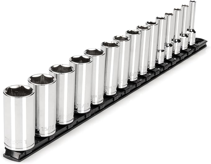 TEKTON 3/8 Inch Drive Deep 6-Point Socket Set with Rail, 15-Piece (1/4 - 1 in.) | SHD91113