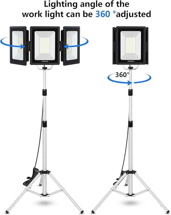 UFOND 21000 Lumens LED Work Light with Stand, 3-Head Foldable White Worklight with Separate Switches, Telescoping Tripod 10Ft Cord, Waterproof Job Site Light, for Garage Construction Camping