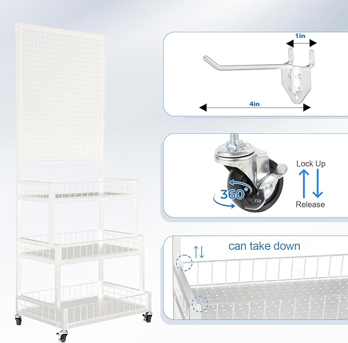 NectaCol Pegboard Panels, 3-Tiers Metal Pegboard Display Stand with Peg Board Panel, Standing Pegboard Display Rack, Craft Show Display, Art Display and Retail Display Stand with 10 Hooks - White