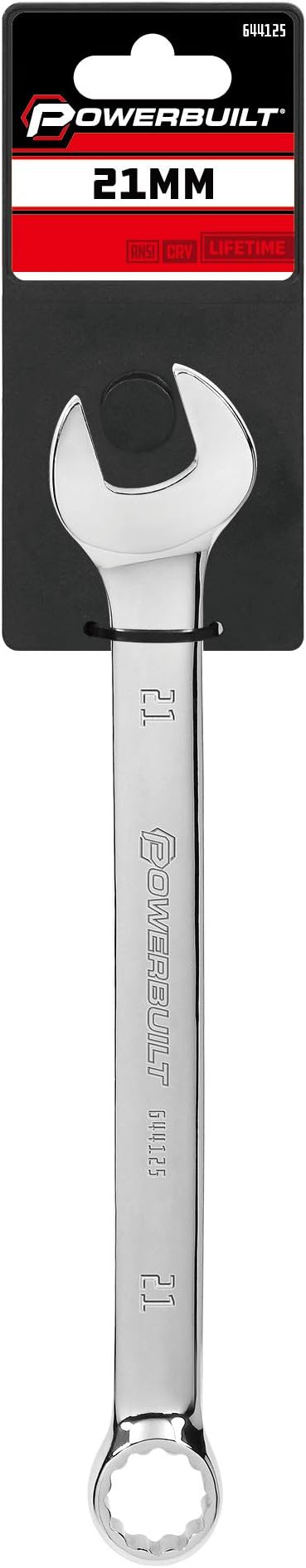 Powerbuilt 21mm Metric Combination Wrench, 12 Point Double Ended Box and Open End, 15 Degree Offset Polished 644125