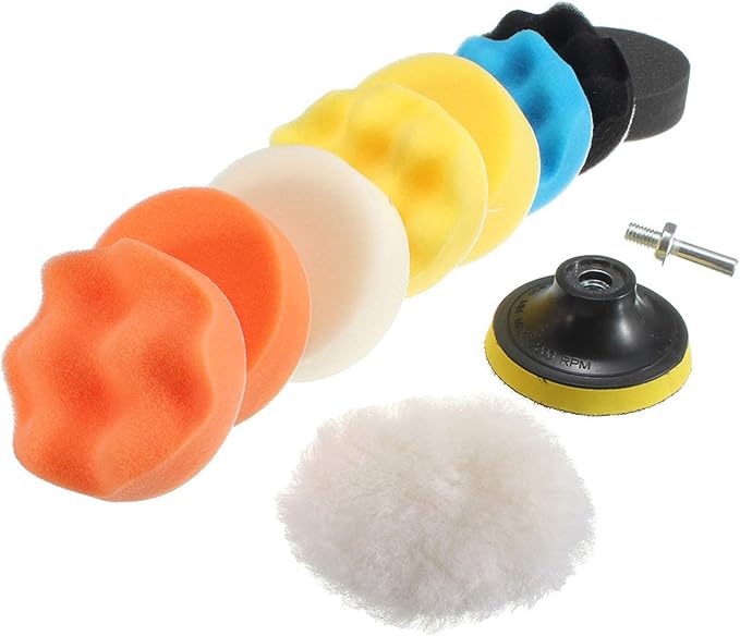 11Pcs 3 Inch Car Foam Drill Polishing Pad Kit Buffing Sponge Pads Kits by Yesallwas,for Car Sanding, Polishing, Waxing (8 Polishing Pads,1 Woolen Buffer, 1 Thread Drill Adapter with Shank)