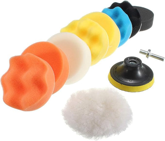 11Pcs 3 Inch Car Foam Drill Polishing Pad Kit Buffing Sponge Pads Kits by Yesallwas,for Car Sanding, Polishing, Waxing (8 Polishing Pads,1 Woolen Buffer, 1 Thread Drill Adapter with Shank)