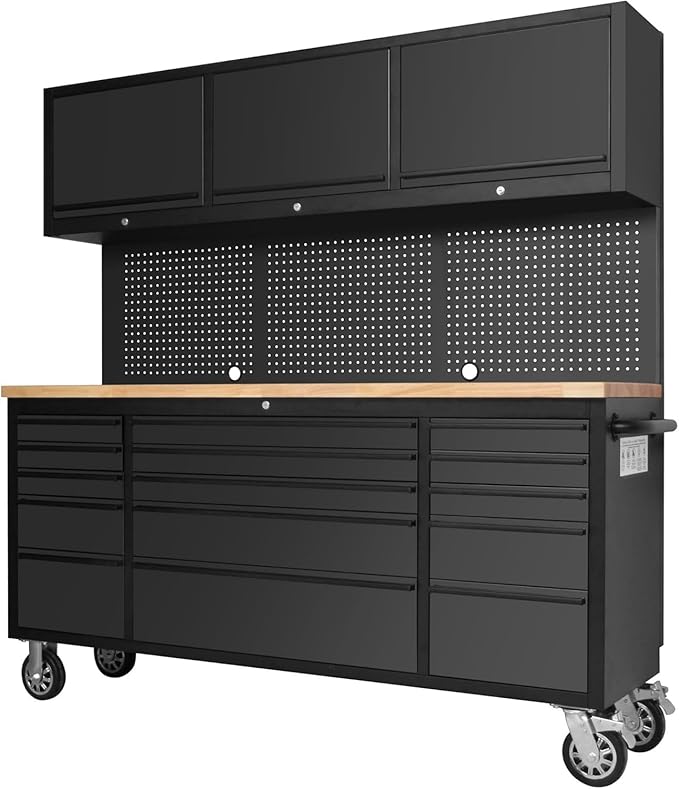72-inch Rolling Tool Chest Cabinet Garage Workbench with 15 Storage Drawers and Wheels, 3 Upper Cabinet, Pegboard, Steel Large Tool Box for Garage Workshop, Matte Black