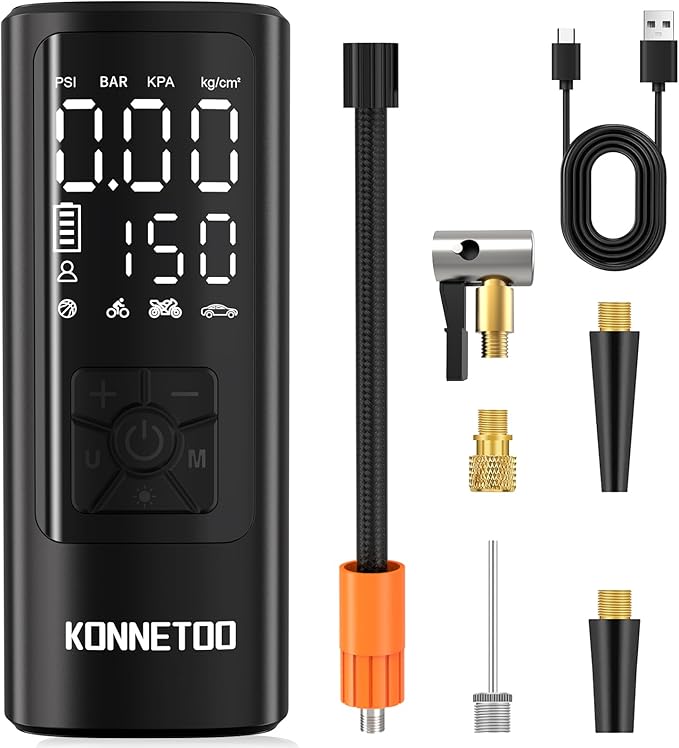 KONNETOO Inflator Portable Air Compressor - Air Pump for Car Tires with Tire Pressure Gauge - One Click Smart Pump Tire Inflator for Car, Motorcycle, Bicycle and More