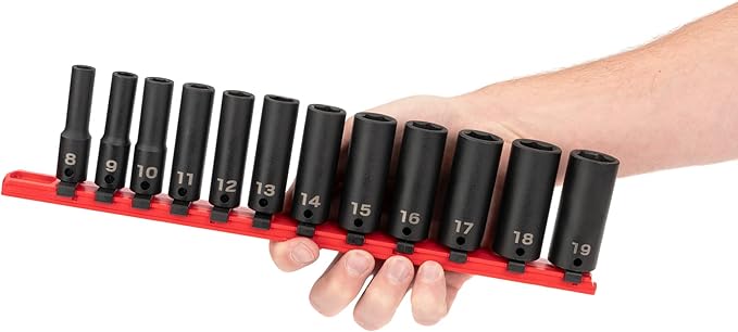 TEKTON 3/8 Inch Drive Deep 6-Point Impact Socket Set with Rail, 12-Piece (8-19 mm) | SID91103
